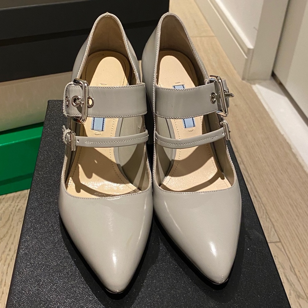 Prada Double Pump Mary Jane Block Heel | Grey | 36